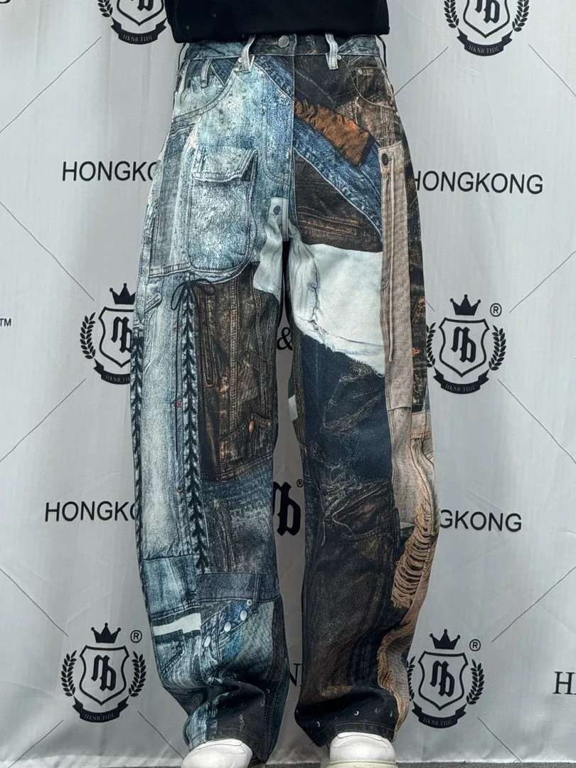 

American Sle Street Retro Patchwork Digital Print Jeans Men Loose Straight Leg Long Pants High Street Trend Brand New 2026