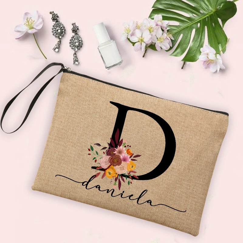 Borsa Cosmetica Personalizzata con Iniziali e Nome, Pochette in Lino per Damigelle, Organizer da Viaggio per Toilette, Regali di Nozze