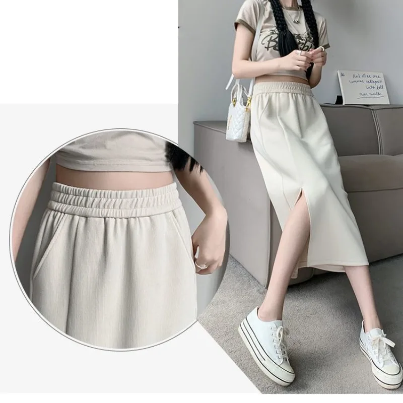 Spring Summer Women's Clothing Elastic High Waisted Solid Color Vacation Elegant Straight Short Knee Preppy Style Vintage Skirts