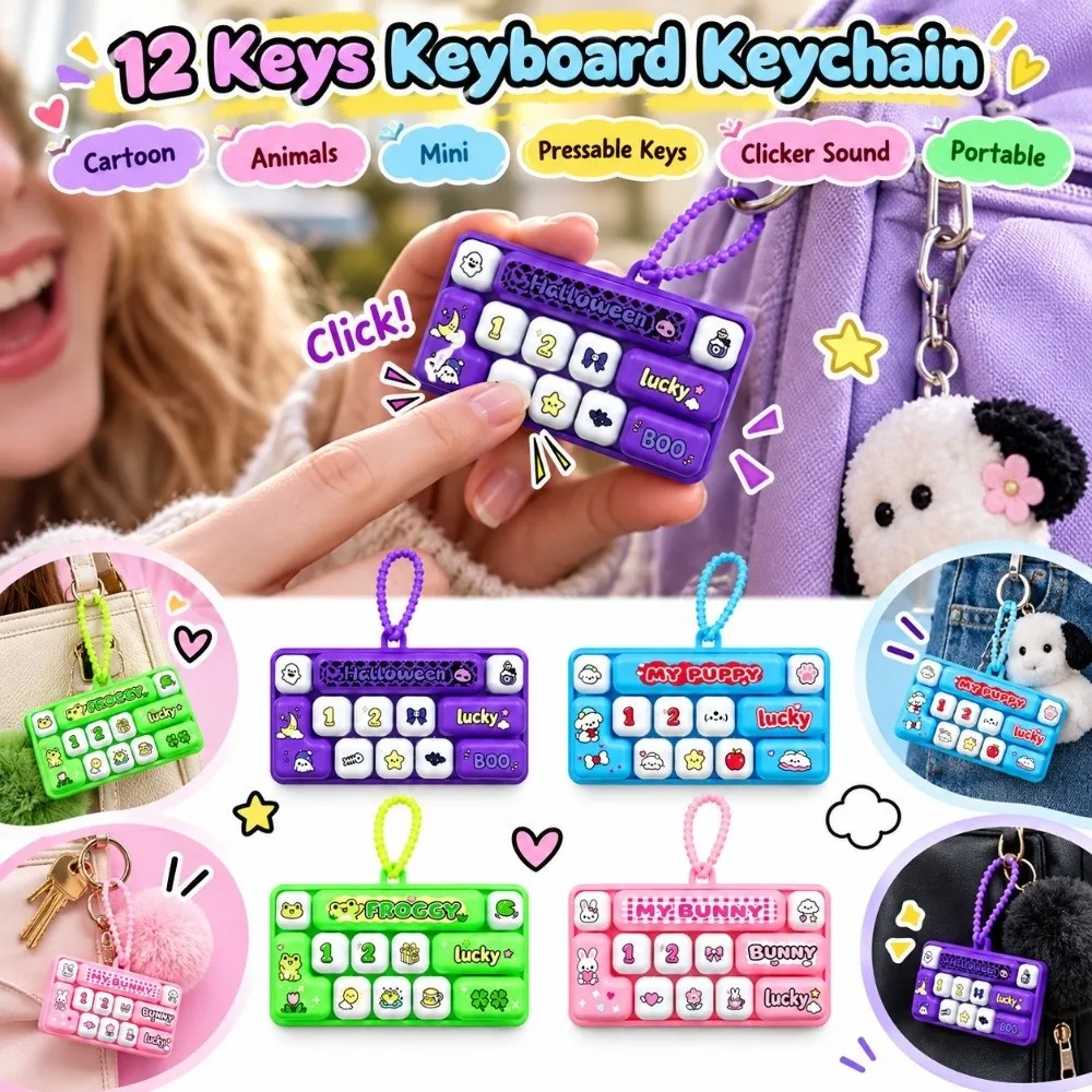 Cartoon 12 Keys Keyboard Keychain Animals Pressable Keys Fingertip Button Keyring Clicker Sound Relaxed