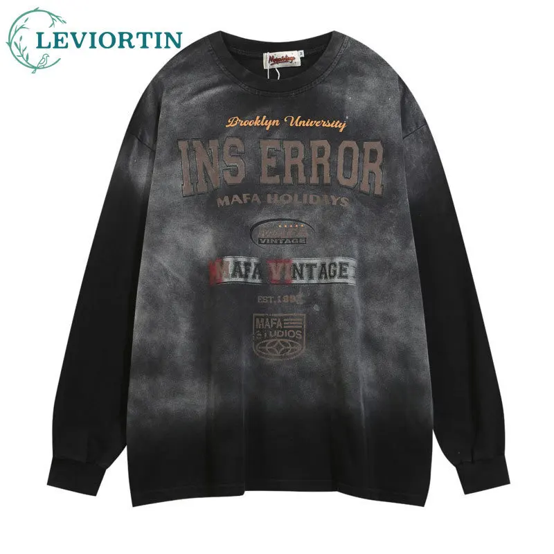 

American retro vintage vintage gradient niche long sleeved T-shirt, autumn trendy brand street design, round neck pullover top