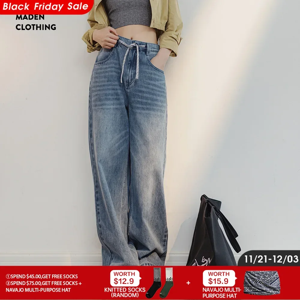 Maden Light Blue Wide-leg Jeans for Women Vintage Drawstring Waistband Straight Pants Summer Casual Pants Washed Jeans S M L XL