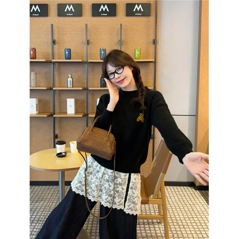 Korean Sle Long Sve Embroidered Bear Knitwear Women's Loose Fit Overhead Winter Sweater Slimming Versatile Casual Top