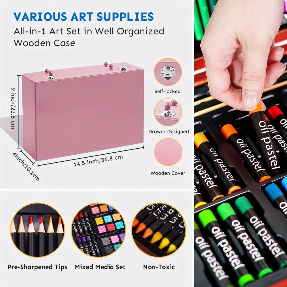 175 Pcs Deluxe Art Set Wooden Art Box & Drawing Art Kit with Crayons Oil Pastels Colored Pencils Watercolor Pans Sketch Pencils