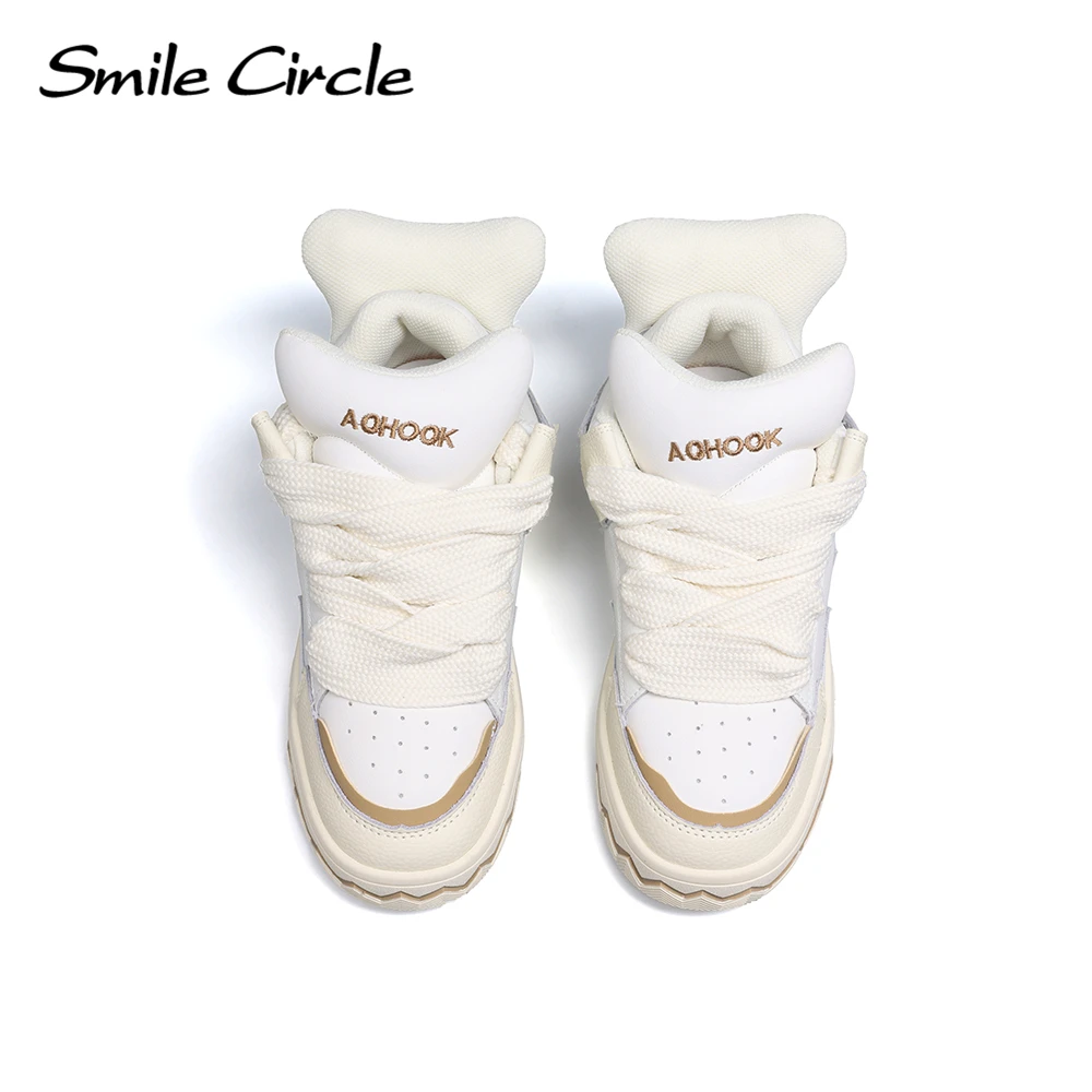 Smile Circle Chunky Sneakers Women\'s Leather Lace-up Fashion Flat Platform Shoes Round Toe Comfortable Casual Sneakers