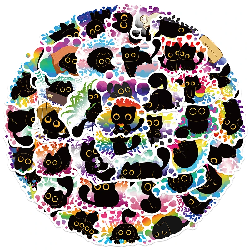 

50 шт., наклейки с черным котом, забавные мультяшные наклейки с изображением кота, каваи, черно-белые наклейки для бутылок с водой, ноутбука, багажа