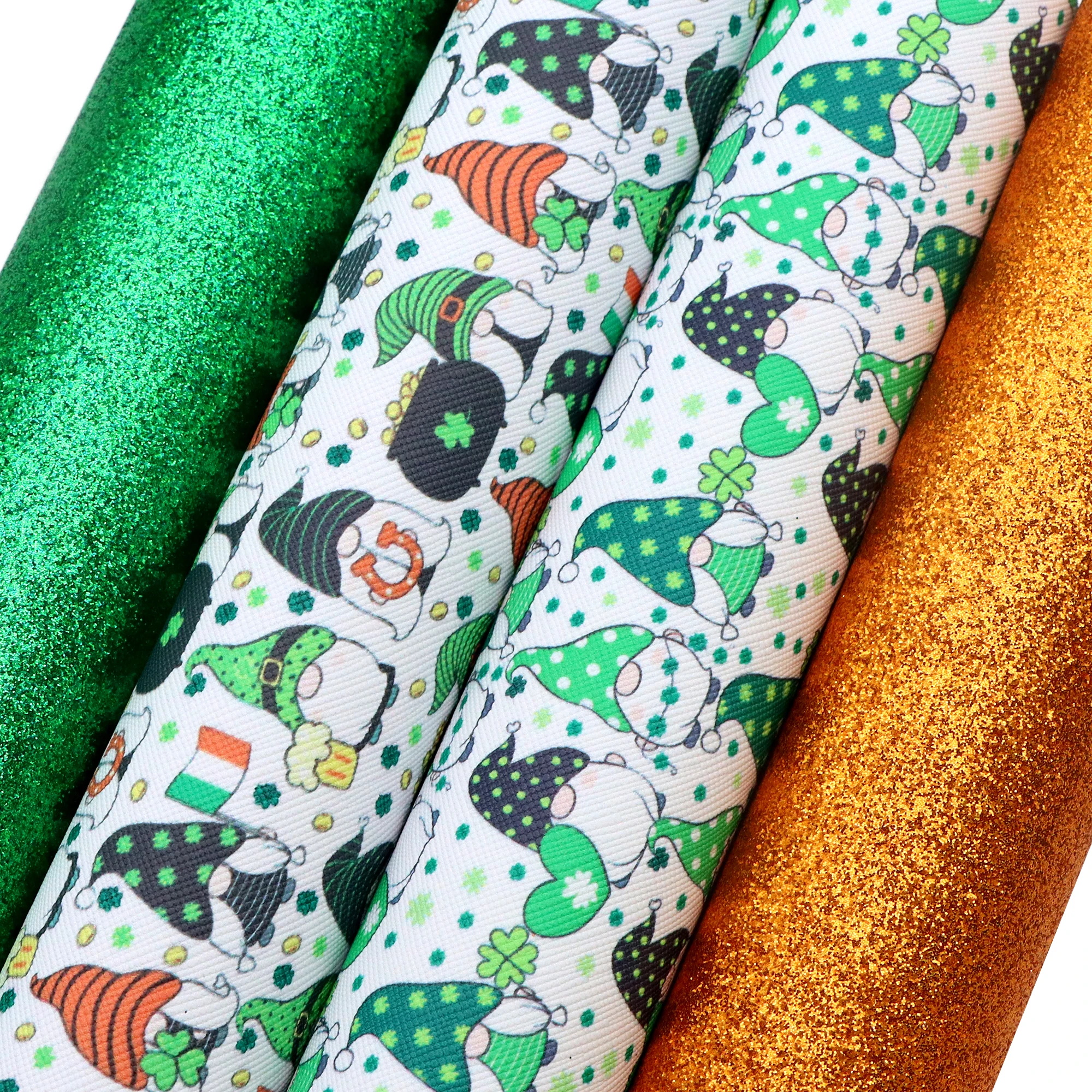 4Pcs/Set St. Patrick's Day Faux Leather Sheets 20*33cm Solid Color Fine Glitter Shamrock Gnome Printed Synthetic Leather