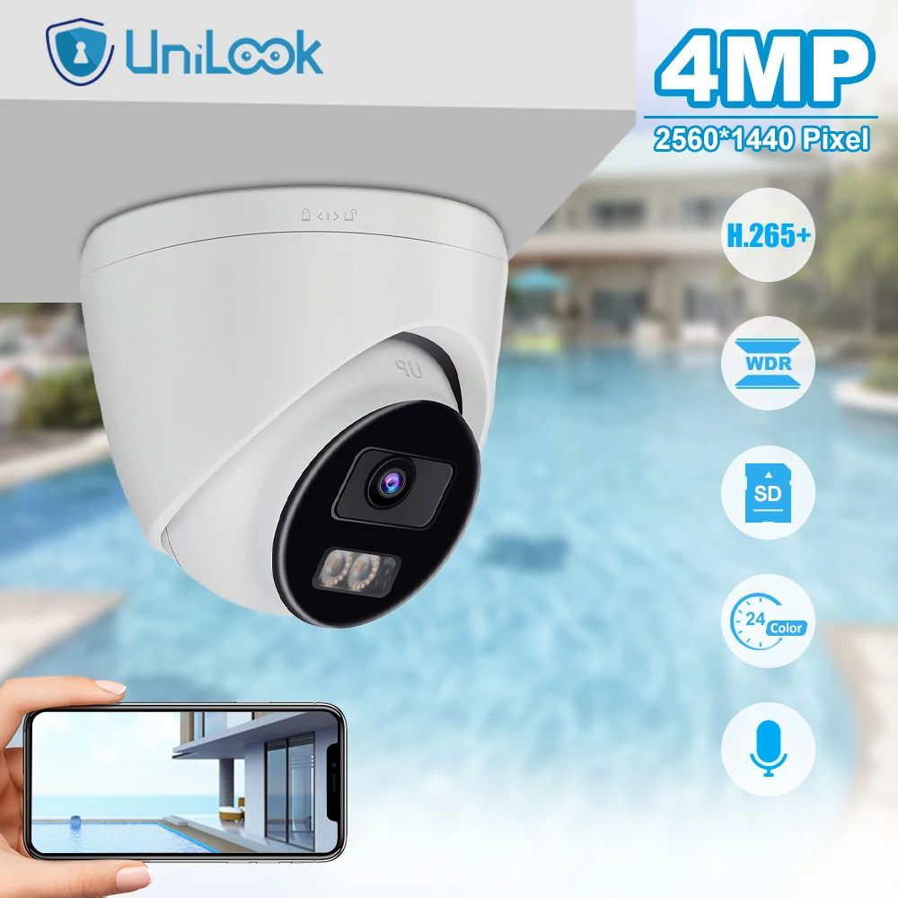 

Unilook 4MP POE IP Turret Camera Outdoor 24/7 Full ColorVu 30m CCTV Video Surveillance IP67 Max 256GB SD Card Audio H.265 WDR