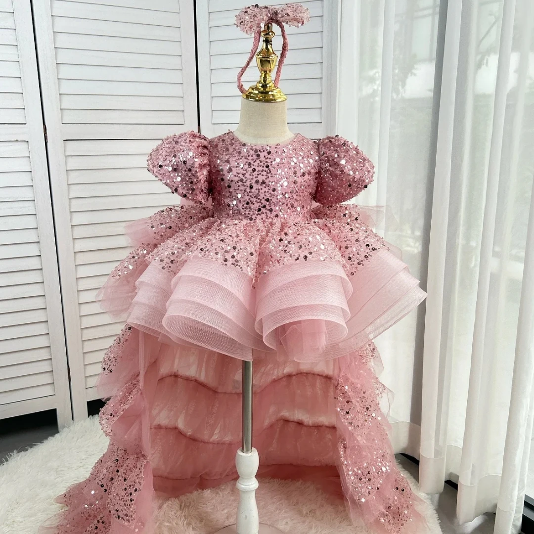 Customized Flower Girl Dress Pink Tulle Tiered Sequin With Bow Short Sleeve For Wedding Birthday Prom Party Ball Banquet Gown