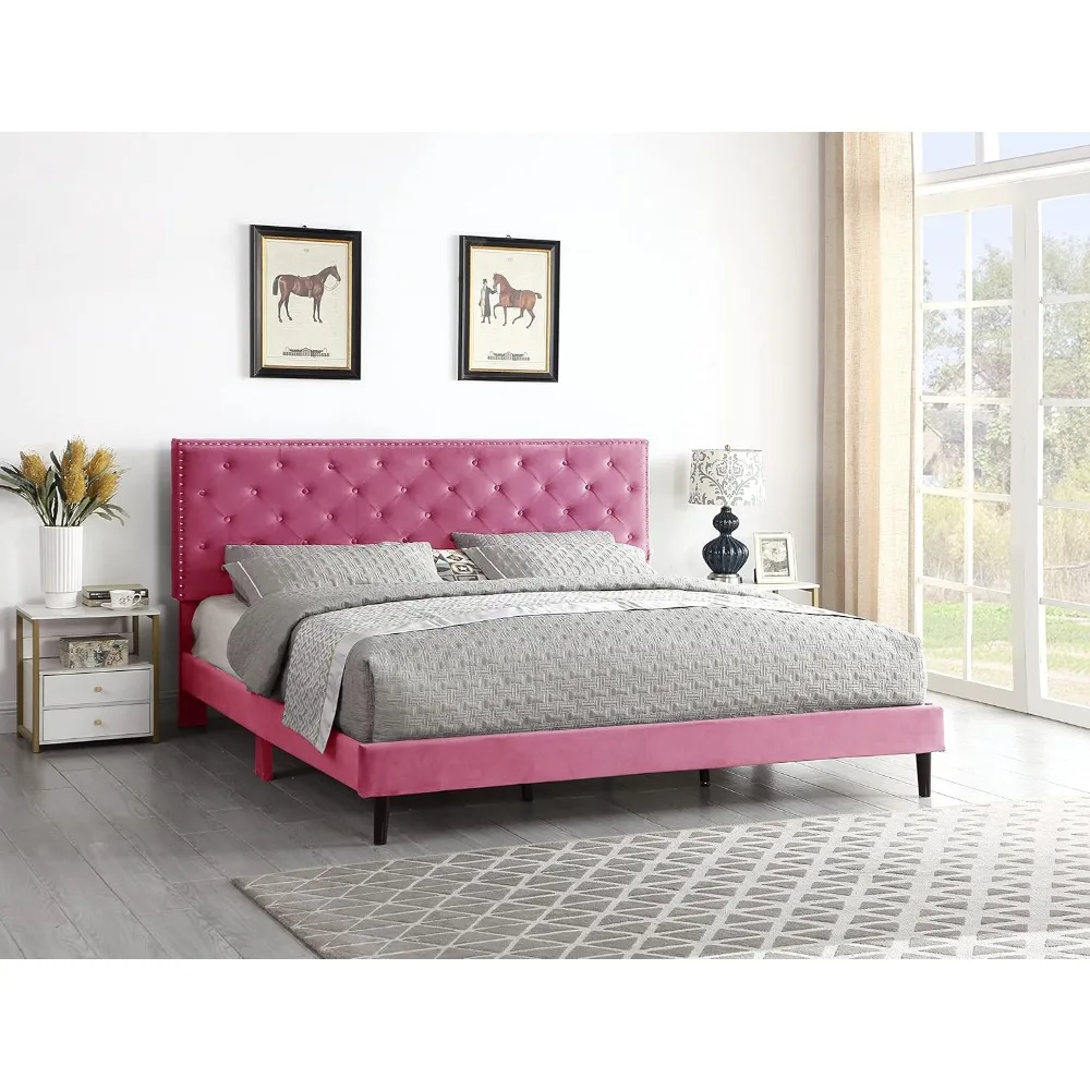 

King Upholstered Platform Bed Frame with 48" Tall Adjustable Headboard - Button Tufted Suede Velour Bed- Wood Slat Support with