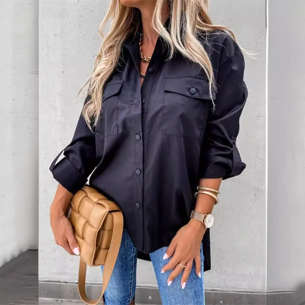 Długi sweter z wywijanym kołnierzem, luźny krój, włókno poliestrowe 100%, europejski styl, wiosenna kolekcja, jednolity kolor.