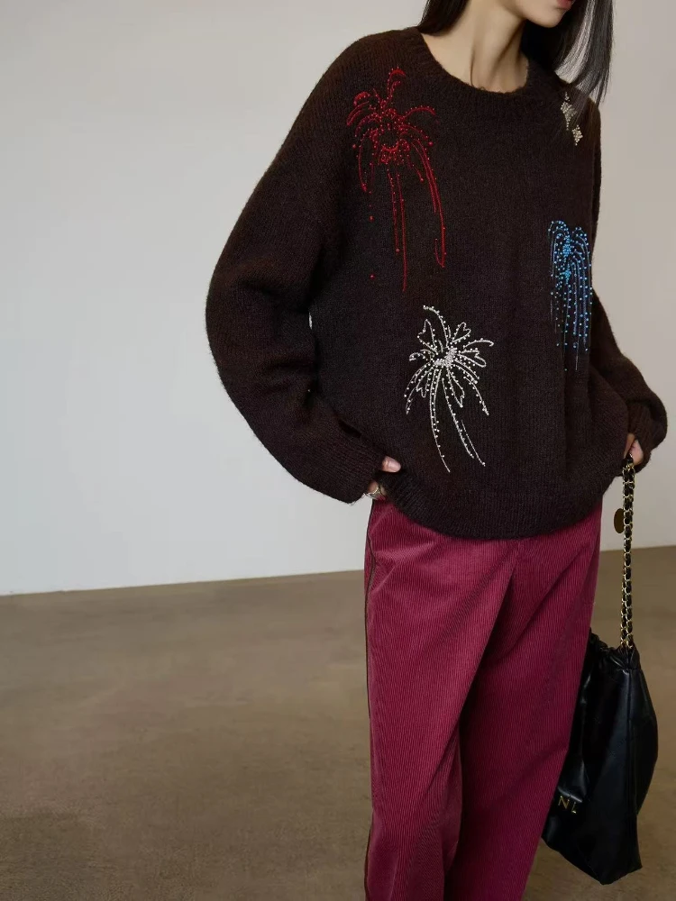 

New 2025 Autumn Winter Monogram Jacquard Pullover Sweater Women Retro Elegan Knitwear Tops Y2K Korean Fashion Top Woman Clothing