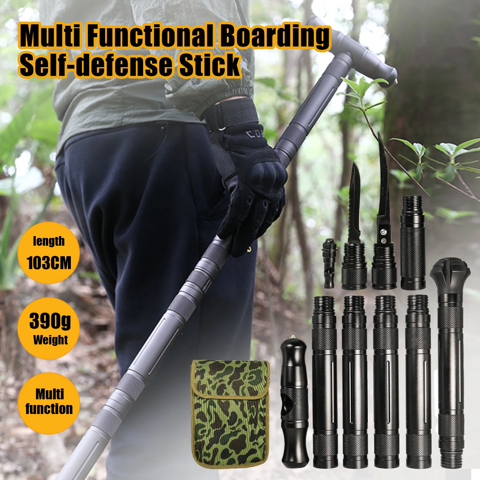 Multi-function Trekking Poles Tungsten Steel Stick Detachable Walking Sticks Portable Folding Outdoor Camping