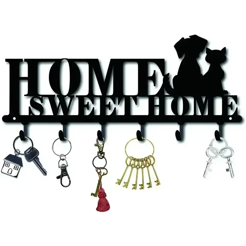 Hook Hanger Wall Key Holder Metal Decorative Coat Hanger with Sweet Home and Dogs Design Organizer Rack with 6 Hooks