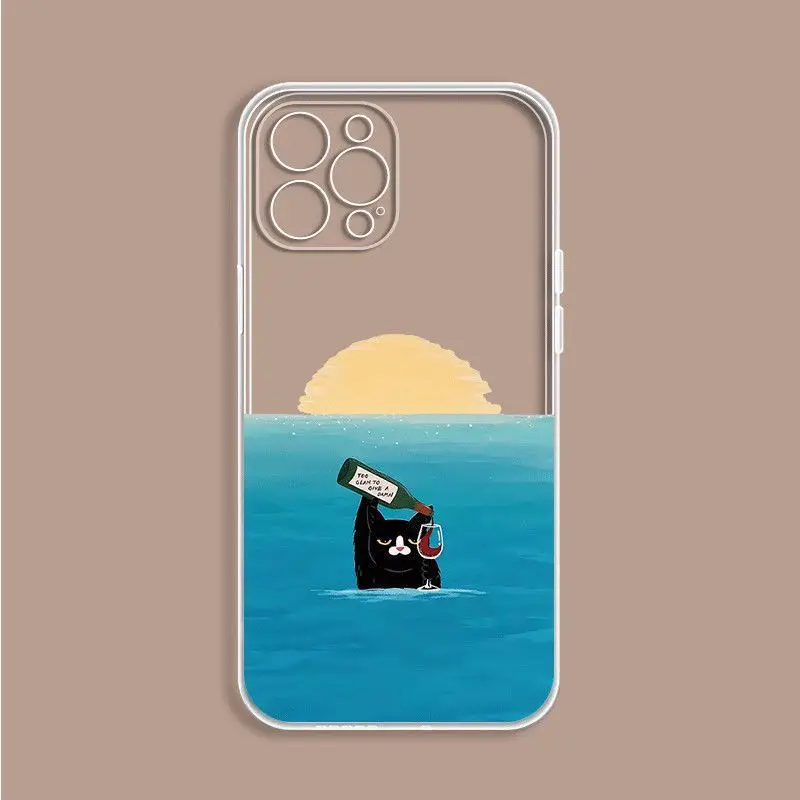 

Funny Red Wine Black Cat Phone Case For iPhone 16 15 11 12 14 13 Pro Max Mini X XS XSMax XR 7 8 Plus SE4 16e Silica Covers Funda
