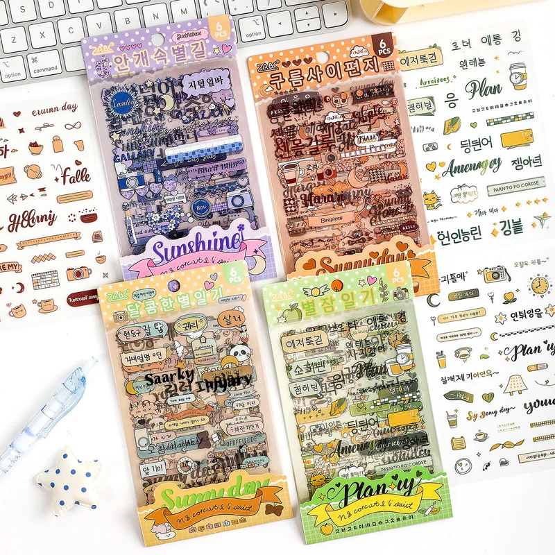 6 Blatt flache Aufkleber im koreanischen Stil mit niedlichen Charakteren für Scrapbooking, DIY, Tagebuch, Bastelbedarf
