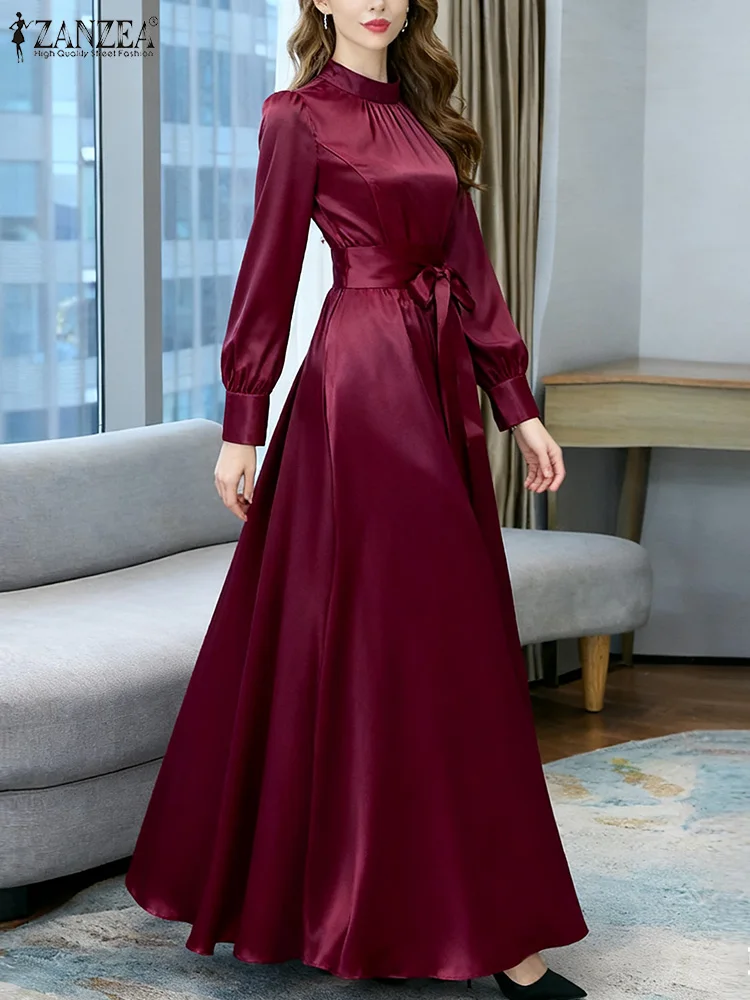 ZANZEA Stylish Waisted Party Dress 2025 Autumn Dreses Elegant Women Long Lantern Sleeve  Robe Solid A Line Satin Long Dresses