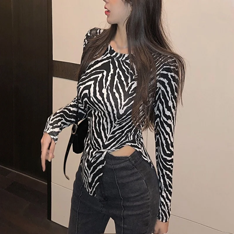 Women\'s Color Block Zebra Print Striped Long Sleeve Slim Fit Sexy Blouse