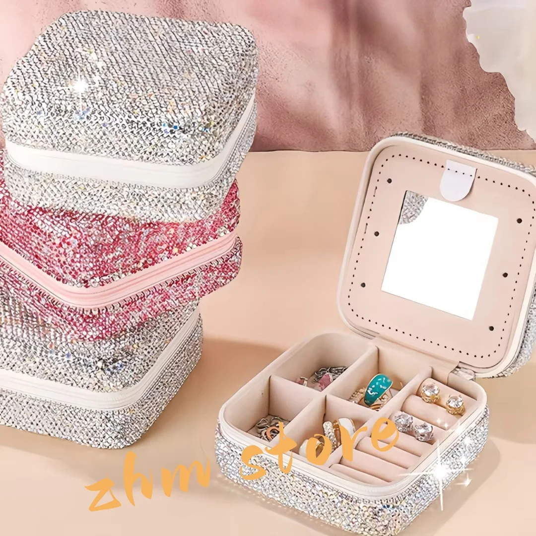 

Роскошная портативная коробка для хранения ювелирных изделий, инкрустированная бриллиантами, в дороге, для макияжа, идеальный компактный размер для путешествий