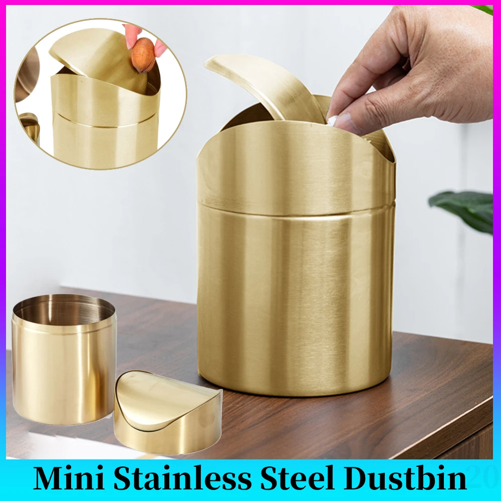 

Mini Countertop Brushed Stainless Steel Swing Lid Trash Can,1.5 L/ 0.40 Gal,Desktop Gold Trash Can,Desktop Small Garbage Dustbin