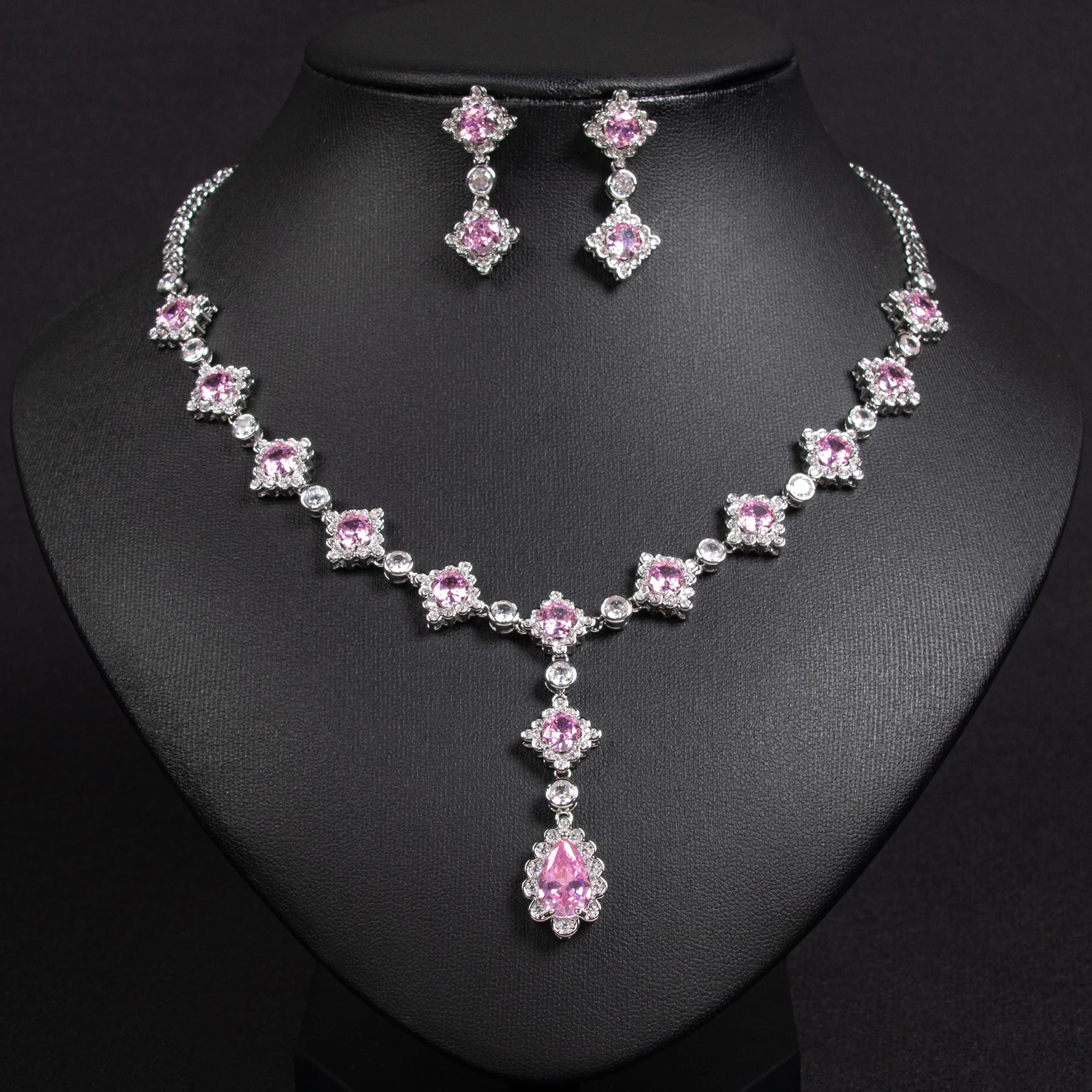 

Diamond shaped water droplet long cubic zirconia necklace earring set for women's weddings