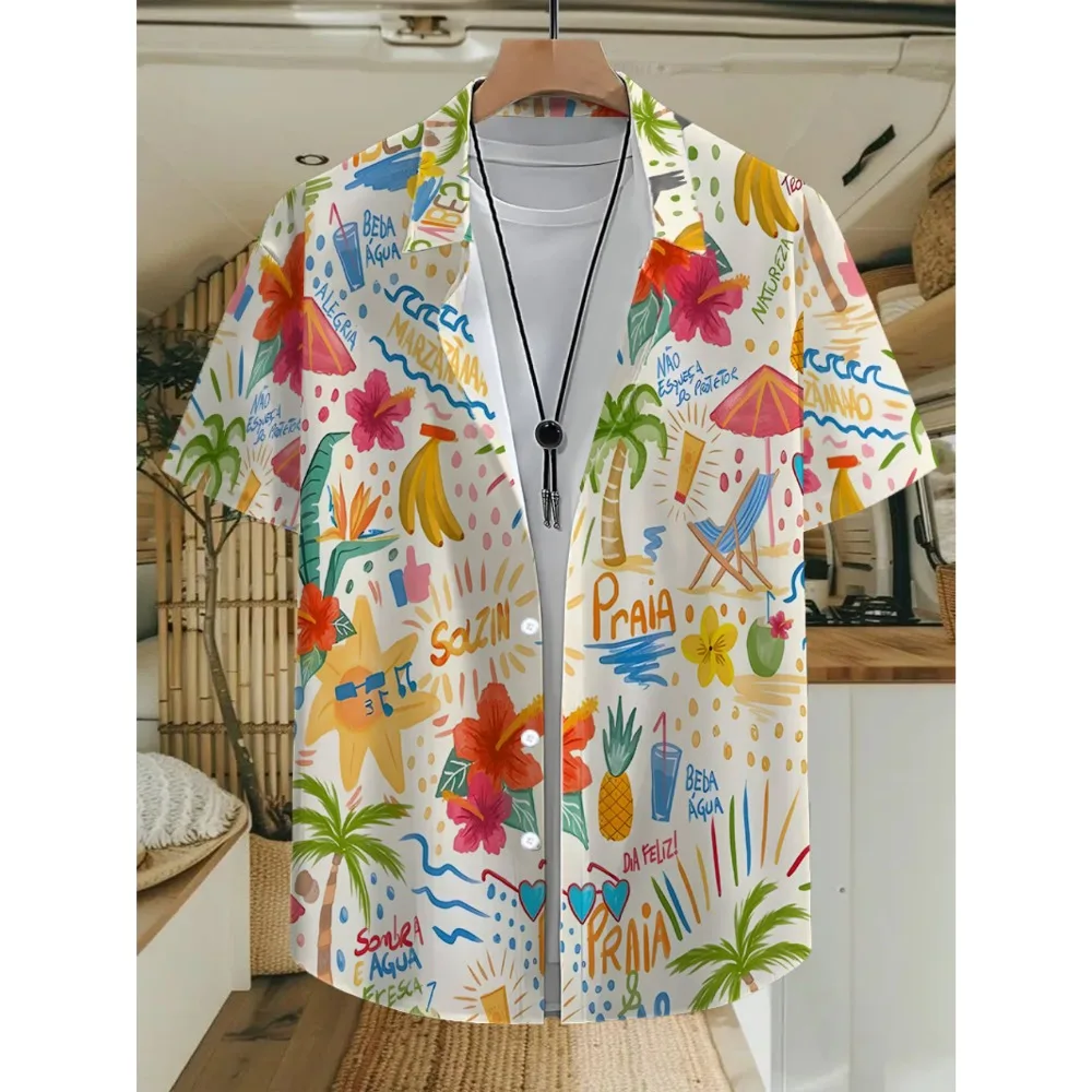 Men Summer Short Sleeve Hawaiian Aloha Shirt, Tropical Hibiscus Palm Fruit Beach Doodle Print Multi Style Available