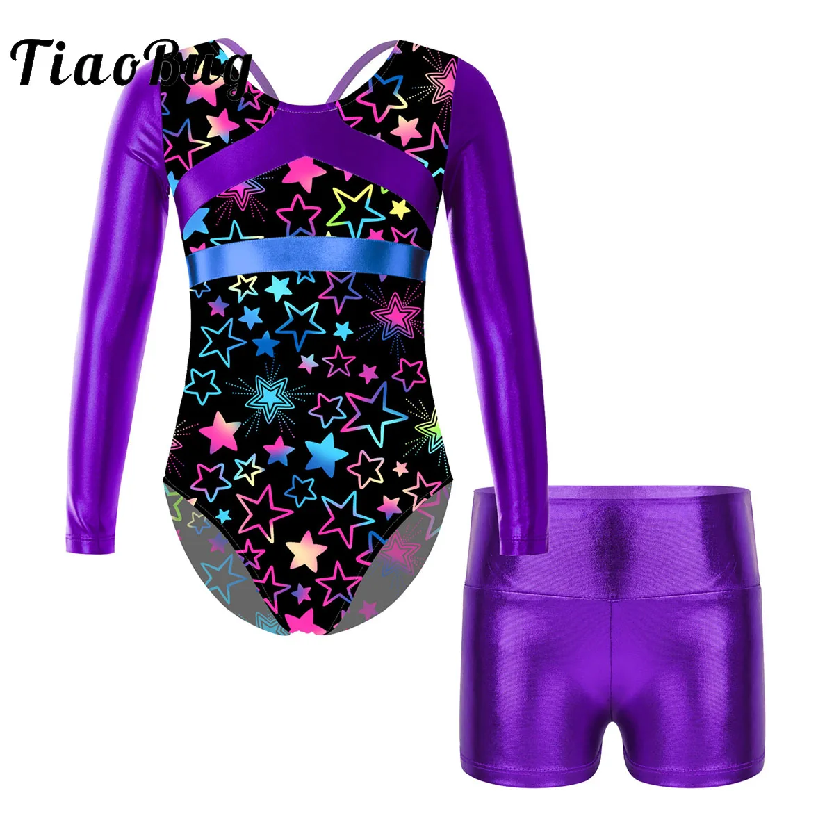 

Colorful Print Ballet Dance Sets Kids Girls Long Sleeves Cartoon Gymnastics Workout Leotard and Shorts Bodysuit Jumpsuit Outfits