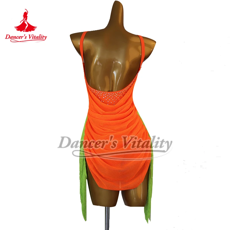 Latin Dance Orange Sleeveless Backless Chest Pads Can Be Dismantle Slip Dress Adult Chacha Samba Performance Outfit Customize - Image 3