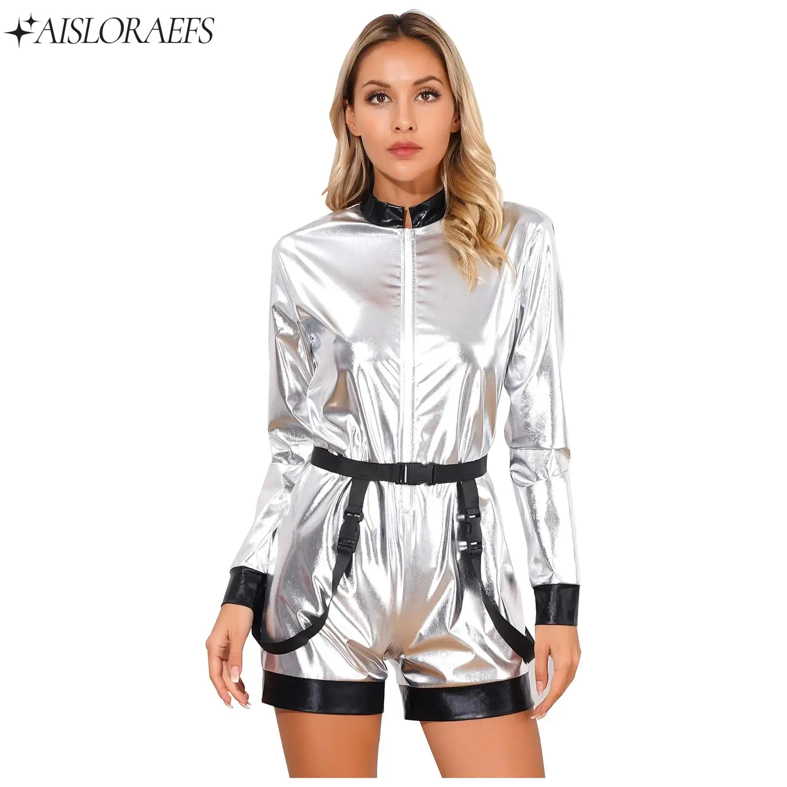 

Womens Metallic Shiny Astronaut Jumpsuit with Waist Belt Boyshorts Bodysuit Dress-Up Costumes for Cosplay Halloween Christmas