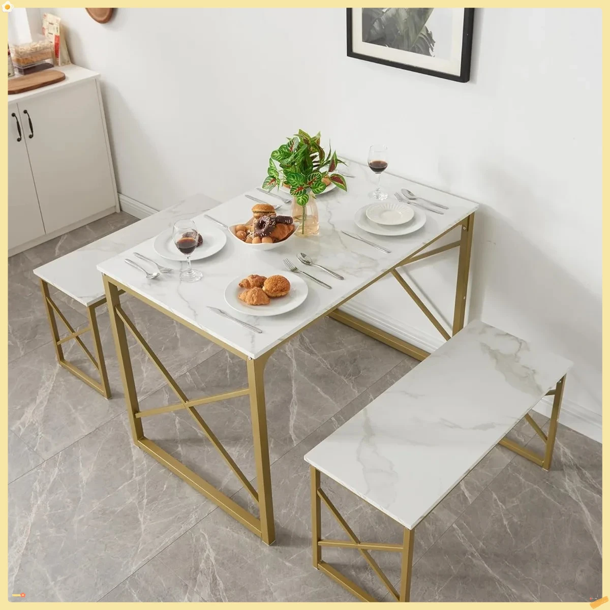 Set Meja Makan untuk 4 Orang, Meja Dapur dengan 2 Bangku Kayu dan Rangka Logam, Meja Makan Kompak untuk Sudut Sarapan atau Dapur