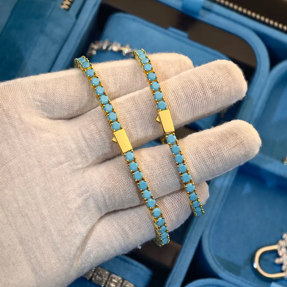 

2025 Luxury Hip Hop Bracelet Turquoise Tennis Chain 4mm Spring Easy Buckle 18k Gold Plated Women's Jewelry Gift
