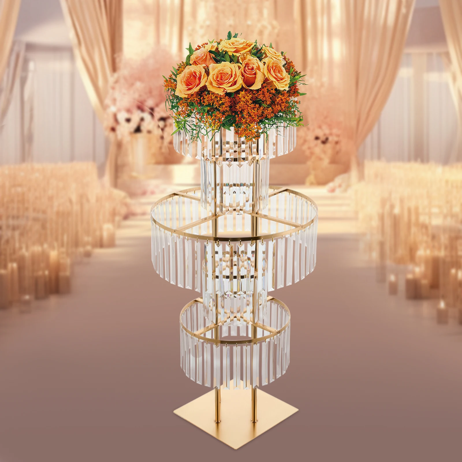 Wedding Centerpieces Gold Crystal Vases 43.3in 5 Tier Metal Round Pedestal Stands Flower Vase Stand for Party Table Decor