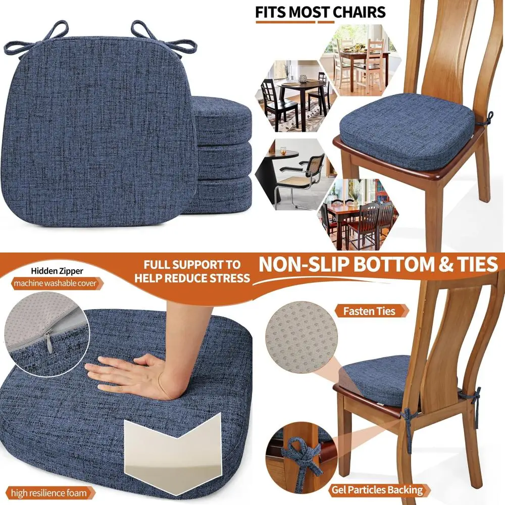 Blue Dining Chair Cushions, 2.5 Foam, U-Shaped, Non-Slip, 16.5 x 16, Set of 4