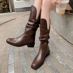 Jesienne buty damskie Split Leather Shoes Women Round Toe Chunky Heel Boots Women Elegant Mid-calf Boots Leather Boots botas mujer