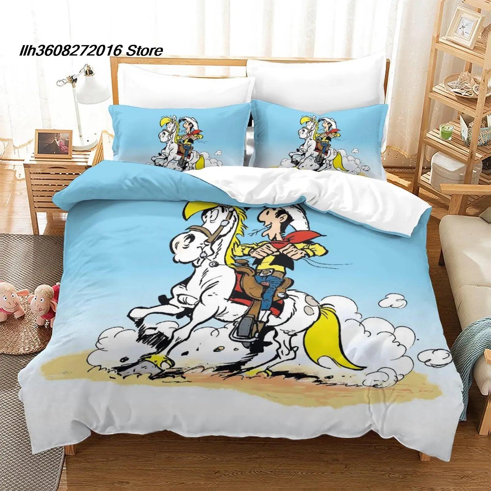 Lucky Luke Western Cowboy Print 3pcs Bedding Set Microfiber Soft Duvet Cover Pillow Shams Kawaii Fans Gift Bedroom Decoration