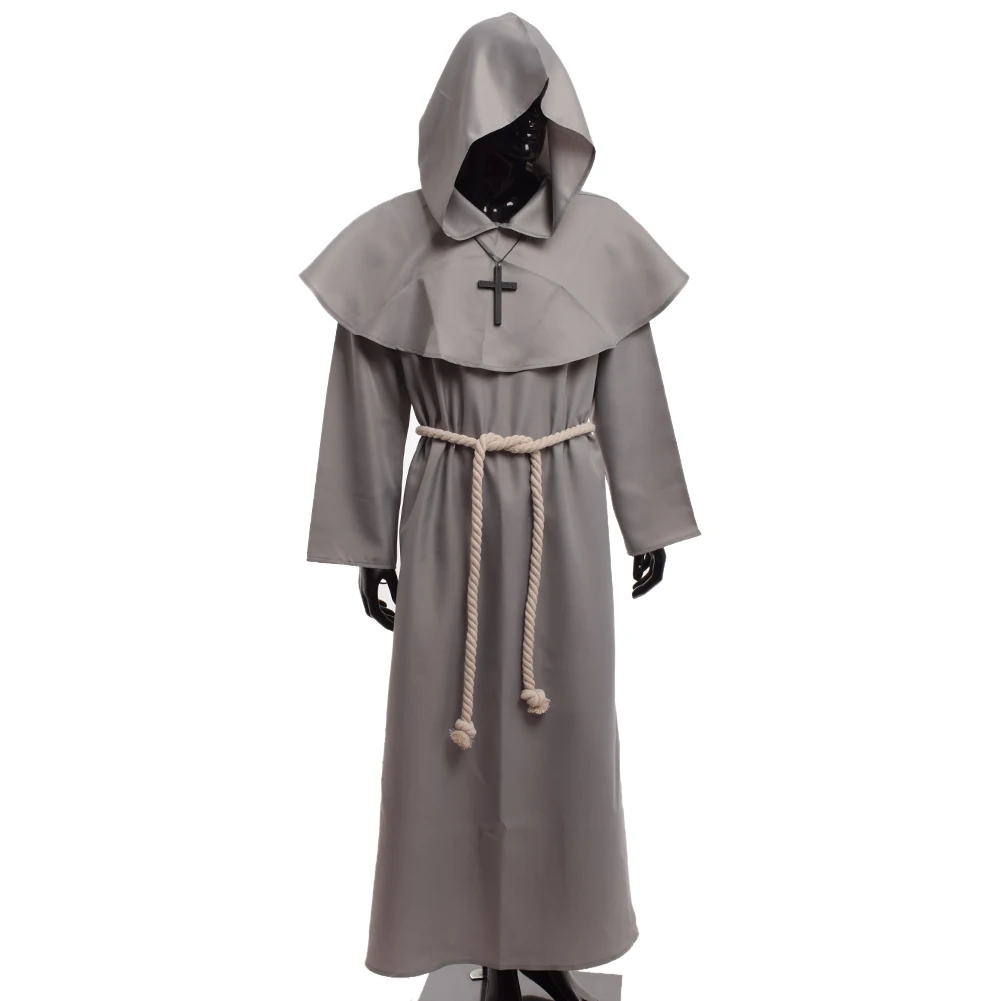 Medieval Priest Costume Men Monk Cowl Mantle Cross Hooded Cloak Robe Outfit Halloween Wizard Cosplay