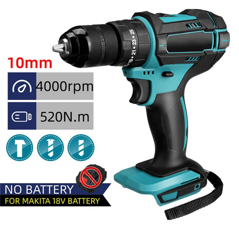 4000rpm Electric Screwdriver Lmpact Drill 520N. M Torque Electric Drill 10mm Chuck Flat Drill Hammer for Makita 18V Battery