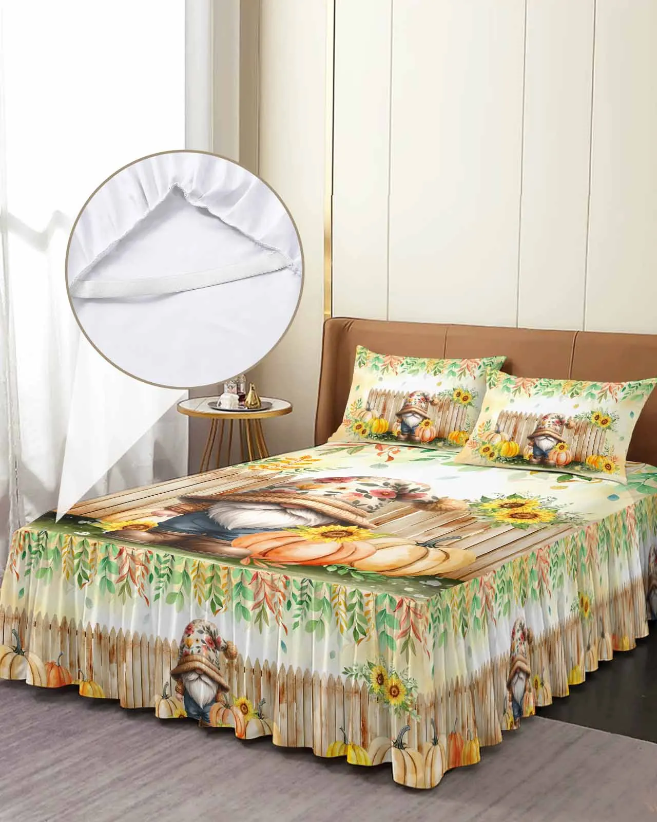 

Thanksgiving Plant Fence Pumpkin Leaf Dwarf Skirt Elastic Fitted Bedspread With Pillowcases Mattress Cover Bedding Set Bed Sheet