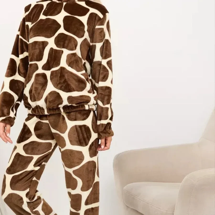 

Осенне-зимний пижамный комплект, домашняя одежда, плотный фланелевой пижамный костюм, топ с длинными рукавами и капюшоном, брюки, 2 предмета, домашняя одежда, женская ночная рубашка