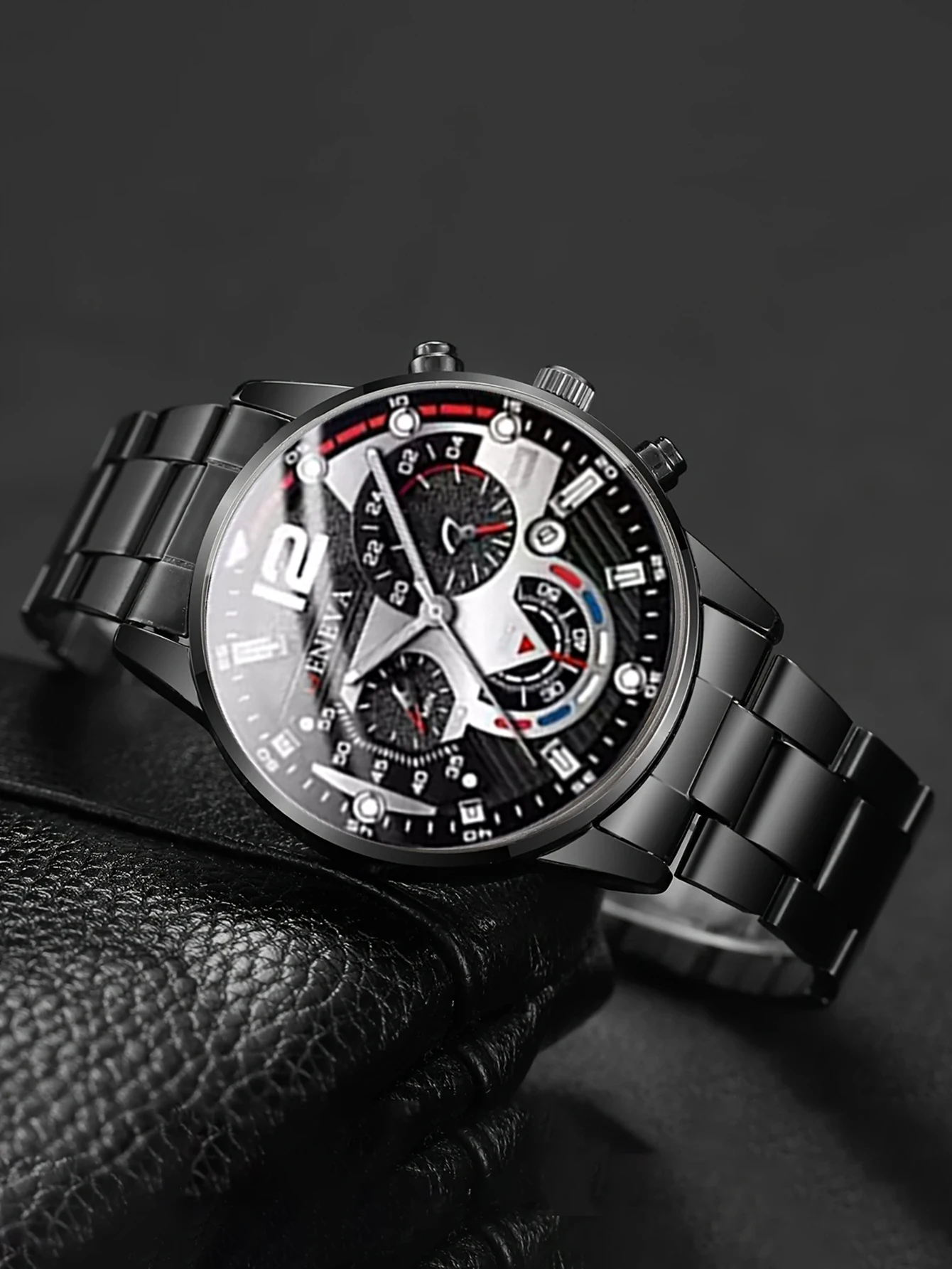 طقم ساعات كوارتز عصرية للرجال مع سوار وقلادة وخاتم ووظيفة التقويم هدية عيد ميلاد لا تشمل الصندوق