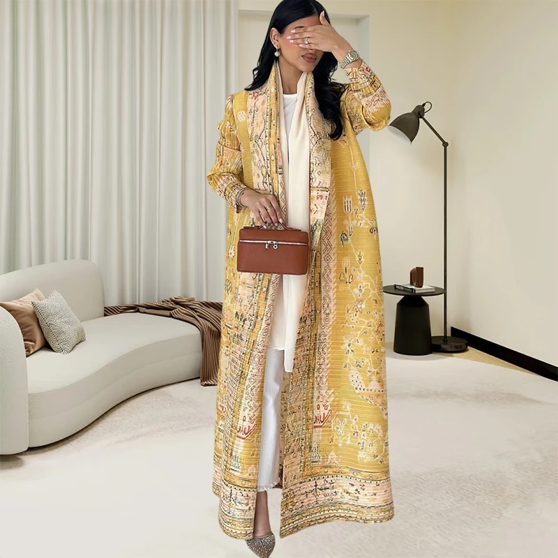 

Pleated Printed Jacket Miyake Style Robe Women's Long Sleeve Arab Conservative Modest Muslim Trench Coat Long Loose 55 Inches