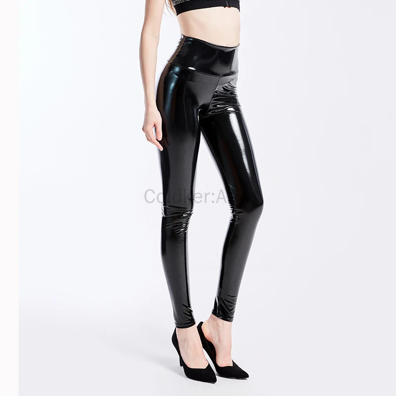 Zwarte wijn marine slanke vrouwen leggings sexy hoge taille elastische pu lederen skinny broek glanzende wetlook metallic latex leggings