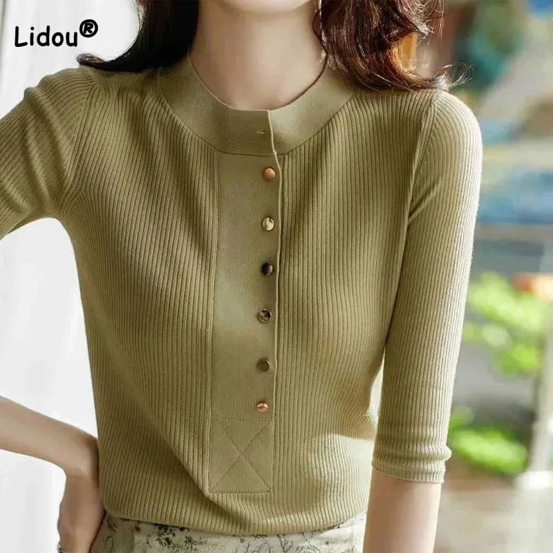 

Elegant Fashion Slim Solid Button Spliced T-shirt for Female Women's Clothing Simplicity All-match Half Sleeve Knitted Tops