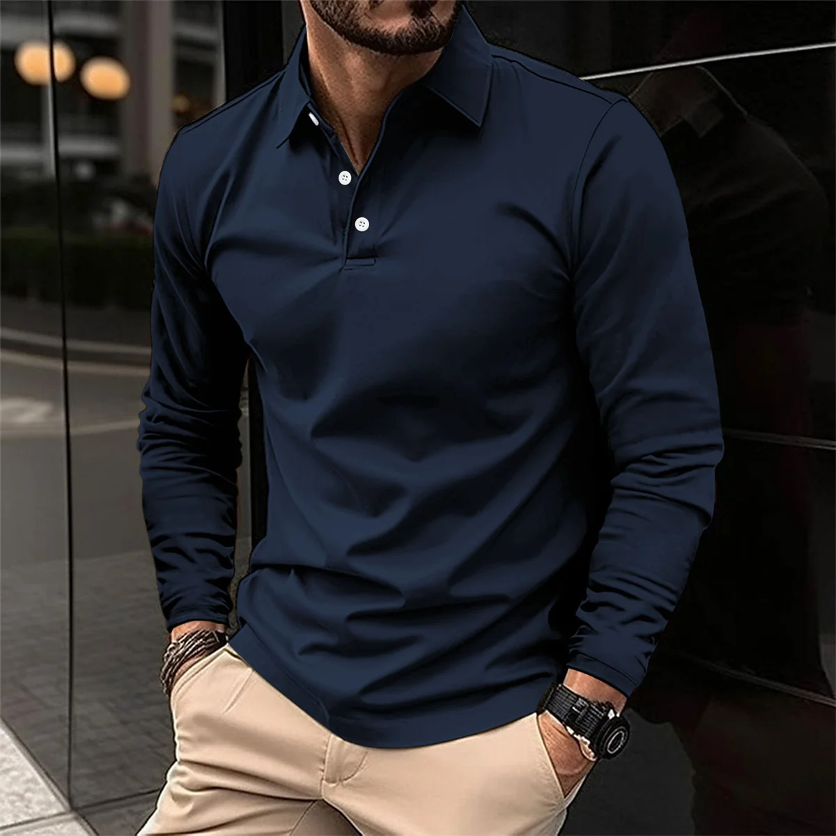 Spring And Autumn Men\'s Long-Sleeved Pullover Sports Polo Shirt Solid Color Casual Breathable Simple Style Fashion Tops