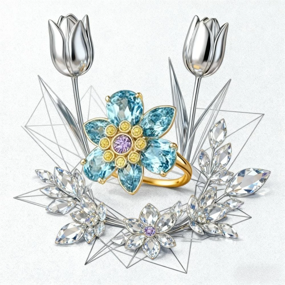 

Premium Jewelry Fashionable Luxurious Heart Blossoming Blue Flower Ring Party Versatile Workplace Birthday Gift