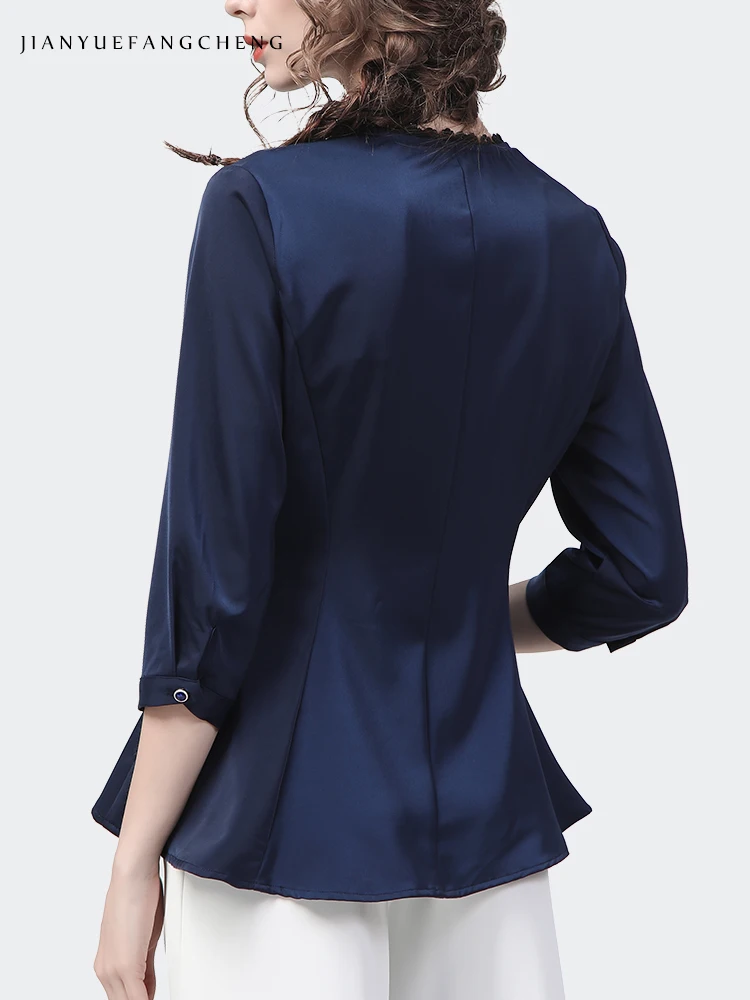 2022 Spring Summer Womens 3/4 Sleeve Blue Satin Shirt Elegant Slim V-Neck Button-Down Tops Fashion Casual Working Ladies Blouses