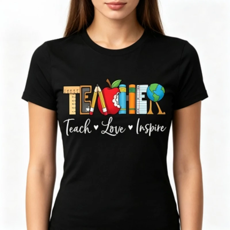 T-Shirt Teacher Theme Teach Love Inspire Letter Made of Ruler Apple Book Globe Print Casual Short Sleeve Back To School Gift Tee