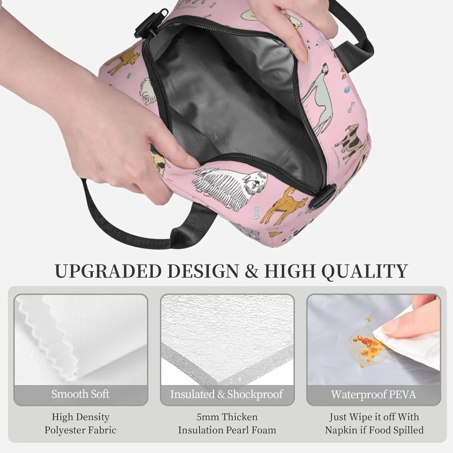 Cute Dogs Pink Background Lunch Bag Reusable Insulated Lunch Tote Bag Lunchbox Container With Adjustable Shoulder Strap For