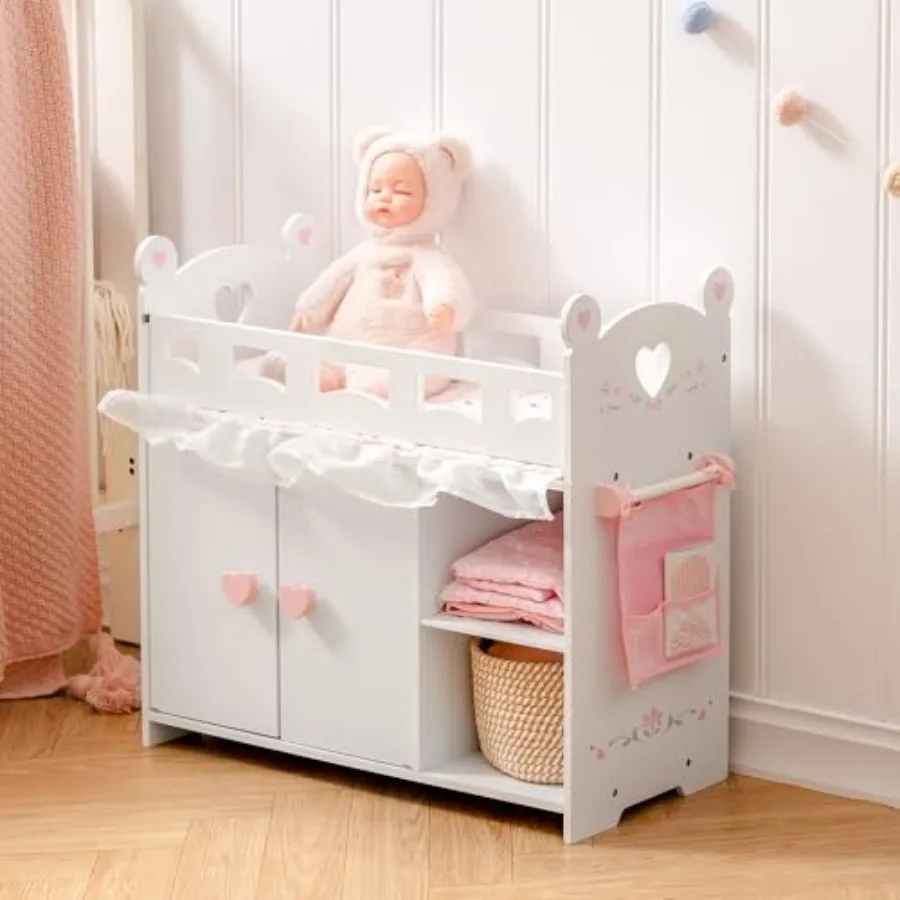 

ROBUD Baby Doll Crib Wooden Doll Bed Baby Crib Toy with Storage Bedding Storage Bag and 3 Hooks 18-21 inch Doll Accessories Gir