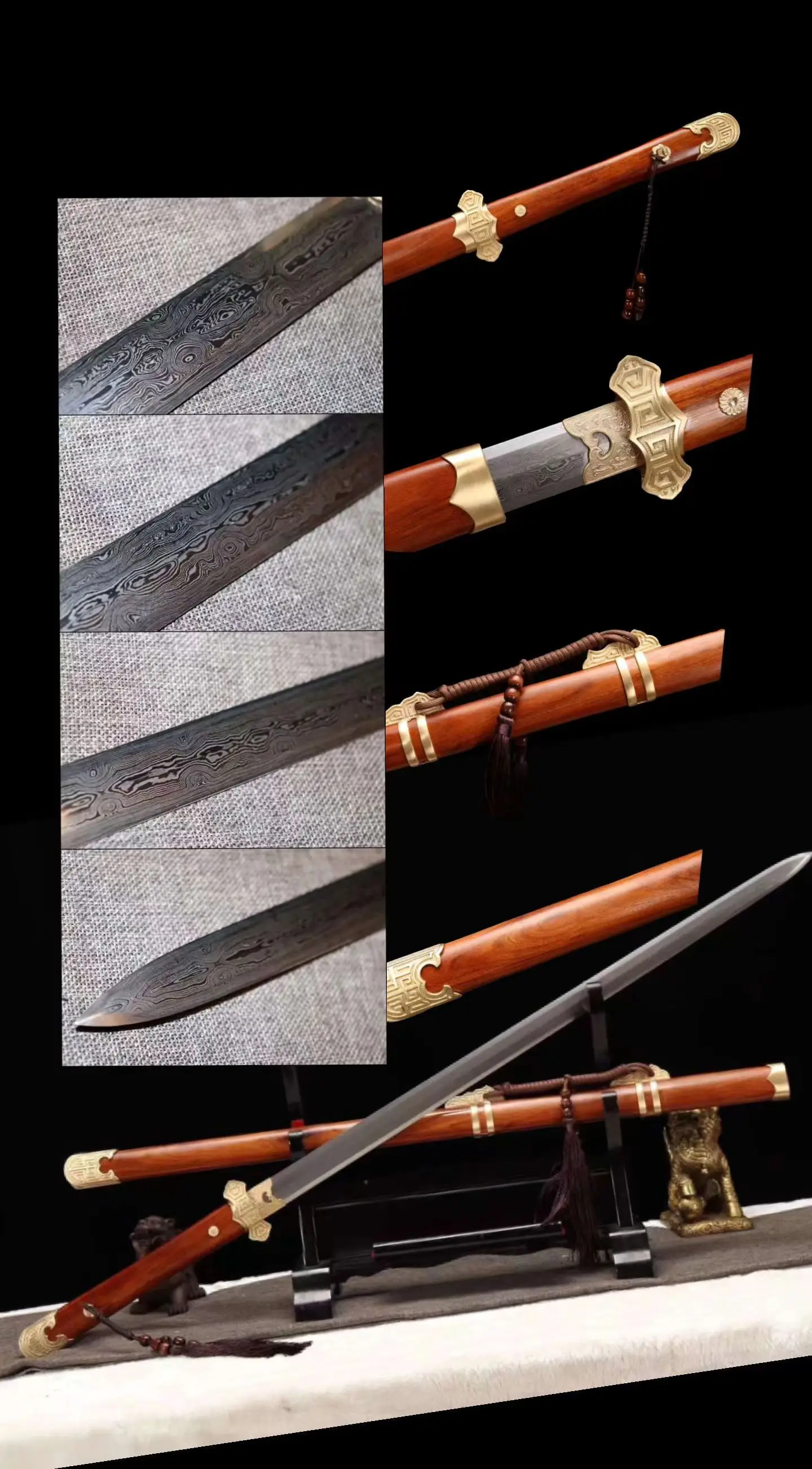 Tang Dy Style General Sword, Real Chinese Kungfu Battle Weapon, Handmade Multi Refined Folded Pattern Steel Blade, Unsharpened